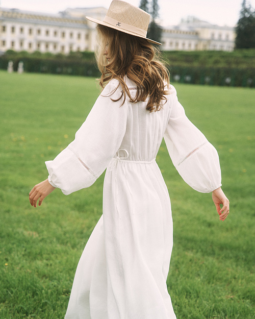 Платье с кружевными вставками, из тенселя и льна, белый