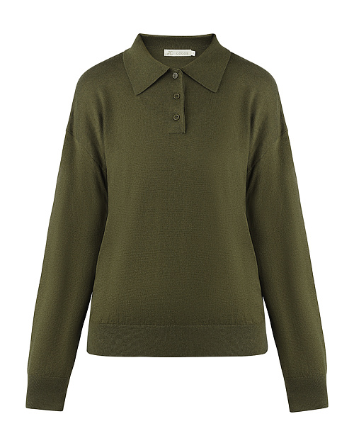 Шерстяной джемпер с воротником поло, хаки