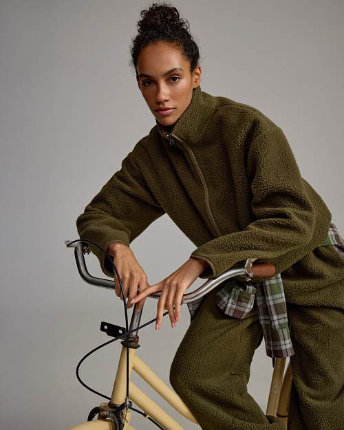 Толстовка Unisex на молнии, из флиса шерпа с меховым эффектом, хаки