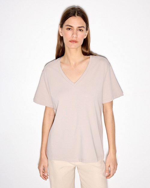 Футболка с V-вырезом, из хлопкового джерси, серо-бежевый