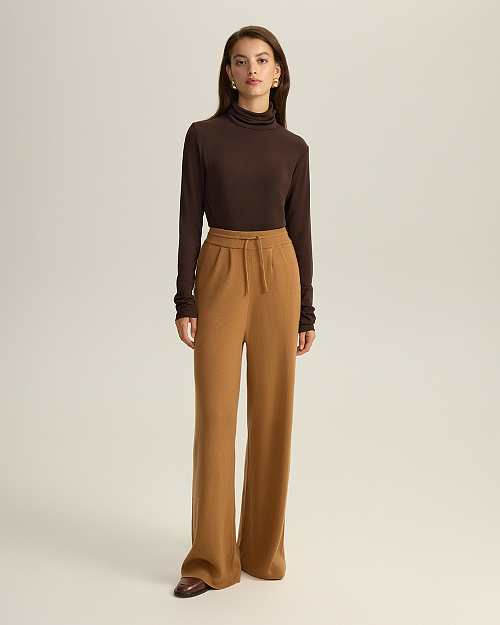 Широкие вязаные брюки из 100% шерсти мериноса, карамельный