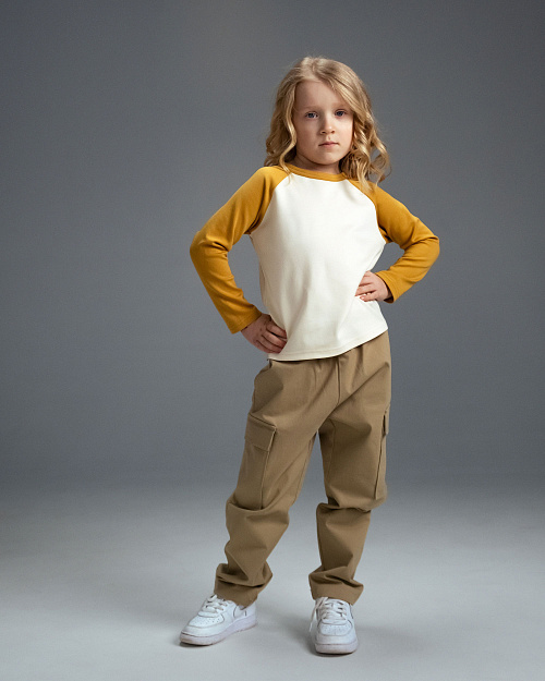 Детский хлопковый лонгслив Unisex с контрастными рукавами, светло-бежевый, желтый