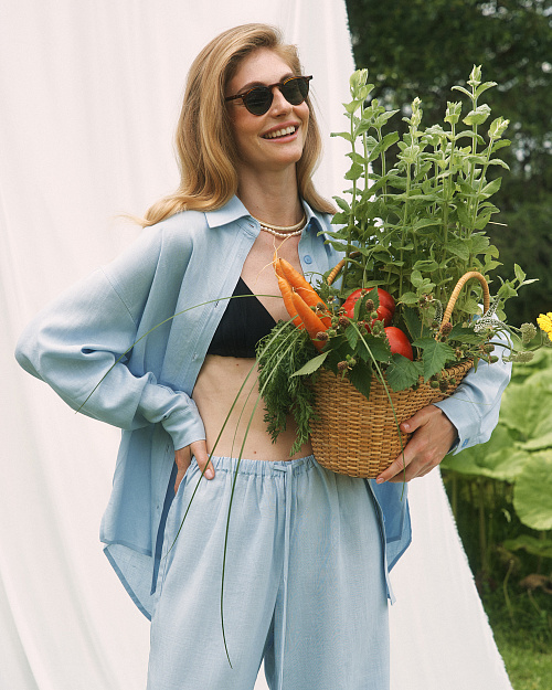 Брюки на кулиске, из тенселя и льна, небесно-голубой