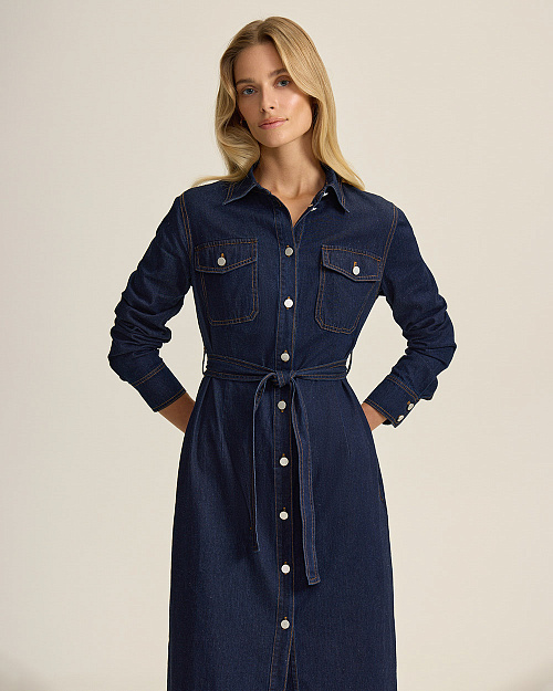 Джинсовое платье на поясе, темно-синий