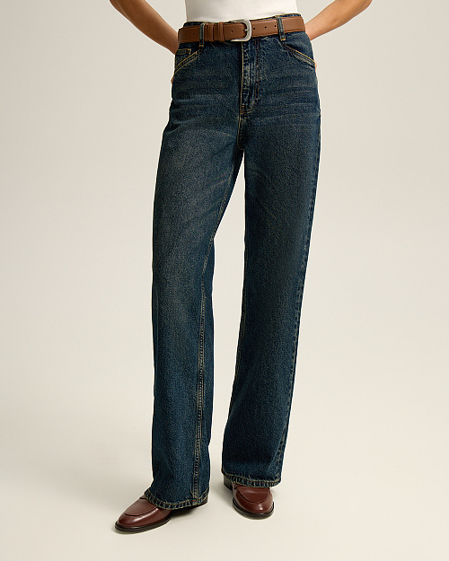 Прямые джинсы с высокой посадкой, темно-синий