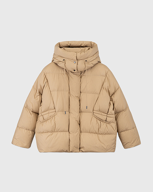 Пуховик с капюшоном и карманами на резинке, бежевый