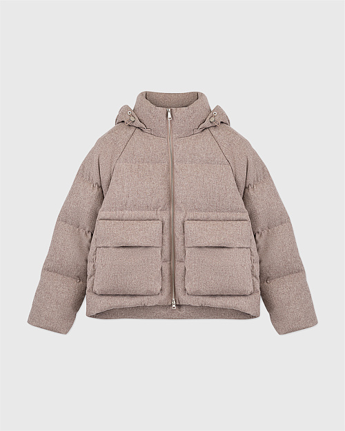 Пуховик из непромокаемой шерстяной пальтовой ткани с капюшоном, светло-коричневый